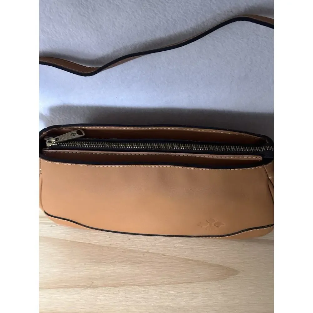 Patricia Nash Tan Leather Shoulder Bag Embossed Logo Contrast Stitching